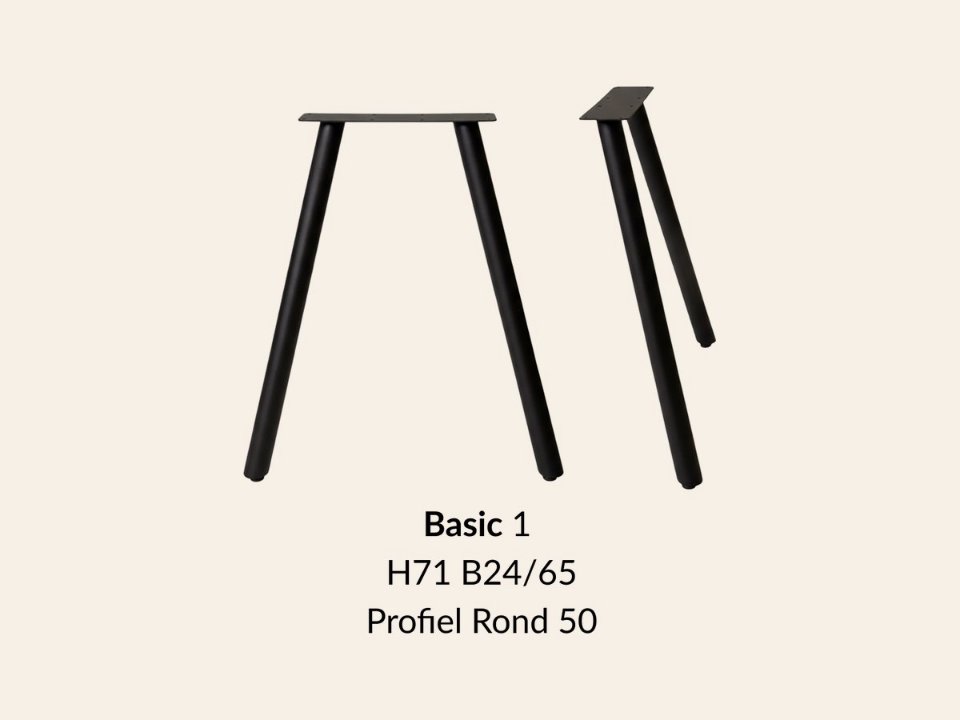 Metalen onderstel Basic 1 zwart RAL9005 - 24 × 65 cm. Profiel Ø50 mm set 2 stuks